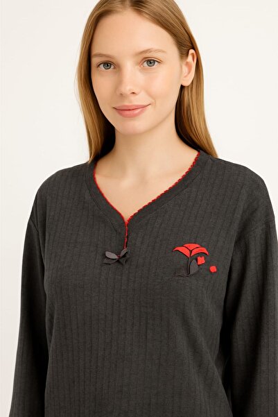 enmodaiçgiyim Set de pijamale pentru femei cu mâneci lungi brodate din bumbac 100% antracit – îmbrăcăminte confortabilă și elegantă pentru acasă, cu o textură moale