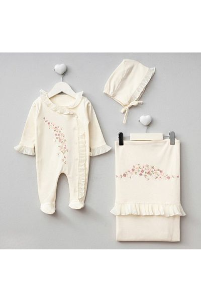 PUGİ 100% Organic Cotton Floral Embroidered Ruffle Newborn 3-Piece Set Hospital Release 0-3Months