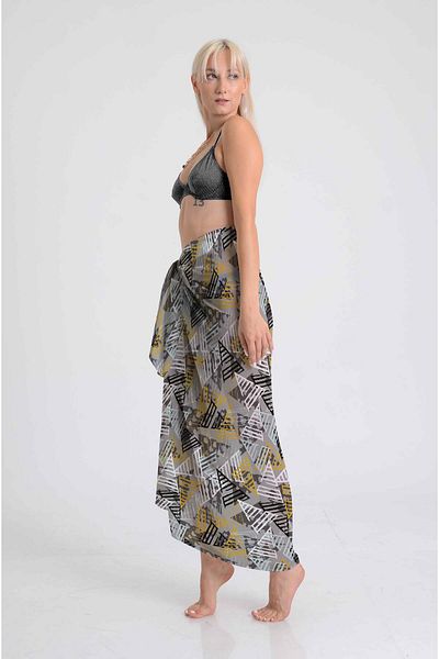 DESENİX Modern Geometric Triangle Pattern Pareo Grey and Mustard Shades |   100X145Cm |   Digital Printing Silky Chiffon