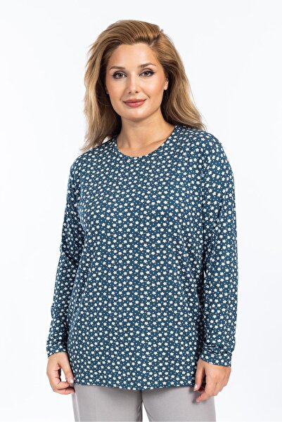 Mutlu City Γυναικεία χτενισμένη βαμβακερή μπλούζα με λουλουδάτο μοτίβο με στρογγυλή λαιμόκοψη 6541