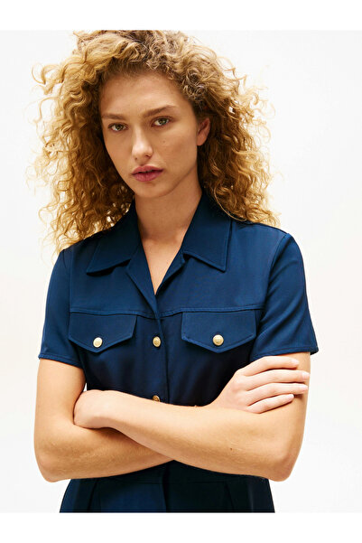 Tommy Hilfiger Kadın Viskon Twill Kısa Kollu Kloş Mini Mavi Elbise WW0WW45819C1G