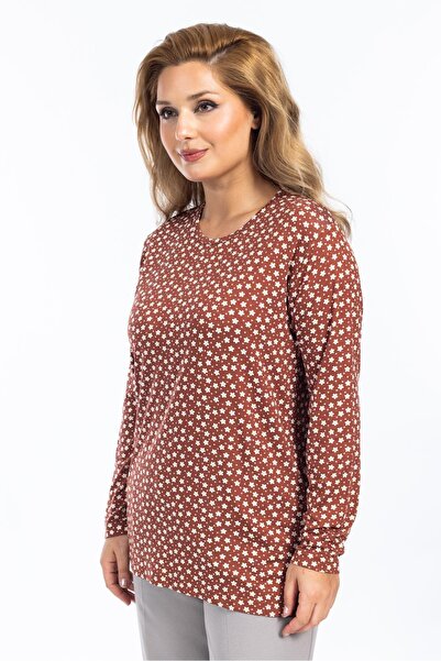 Mutlu City Γυναικεία χτενισμένη βαμβακερή μπλούζα με λουλουδάτο μοτίβο με στρογγυλή λαιμόκοψη 6541