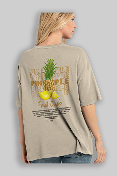 Ankhises Ανανά με στάμπα στην πλάτη Μπεζ μπλουζάκι Oversize Ανδρικό Γυναικείο Βαμβακερό μπλουζάκι με λαιμόκοψη
