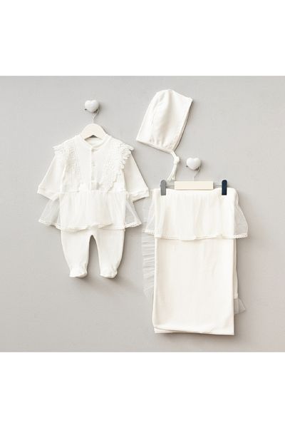 PUGİ 100% Organic Cotton Baby Girl Tulle Lace Detailed 3-Piece Set 0-3Months Newborn Hospital Release