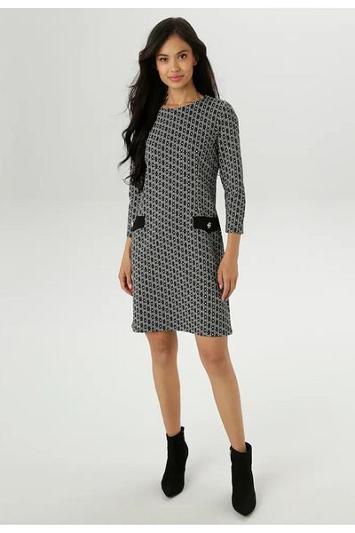 Şans Women's Plus Size Black, Jacquard Fabric, Ornamental Pocket, Round Neck Dress 65N39036
