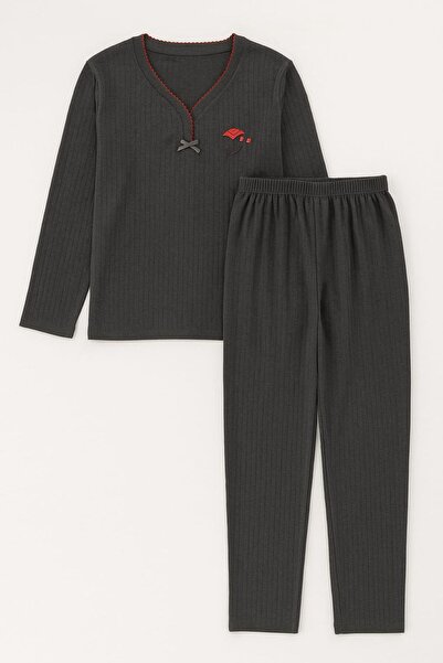 enmodaiçgiyim Set de pijamale pentru femei cu mâneci lungi brodate din bumbac 100% antracit – îmbrăcăminte confortabilă și elegantă pentru acasă, cu o textură moale