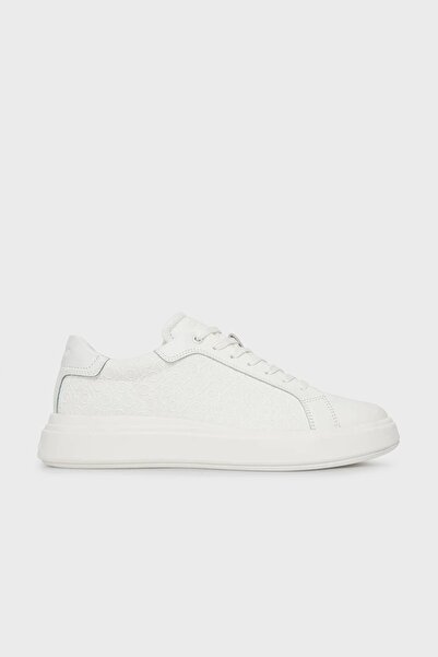 Calvin Klein Erkek Topuk Destekli Rahat Taban Logo Desenli Düşük Bilekli Deri Beyaz Sneaker HM0HM01970-0K4