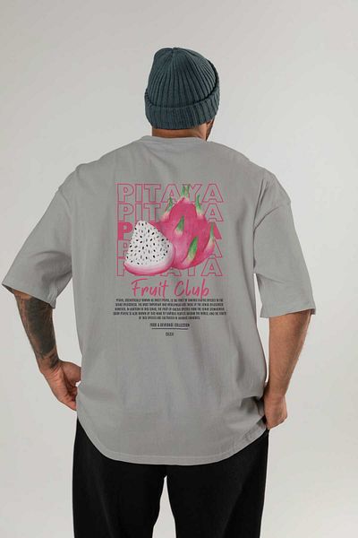 Ankhises Pitaya Back Printed Grey Oversize T-shirt Ανδρικό Γυναικείο Βαμβακερό μπλουζάκι με λαιμόκοψη