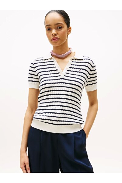 Tommy Hilfiger Women's Cotton Thin Knit Short Sleeve White Polo Collar Sweater Ww0Ww414740Fg