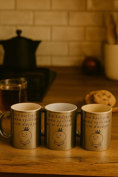 çokaş Pack of 3 Lettering Print Large Size Silver Tea Mug Cups