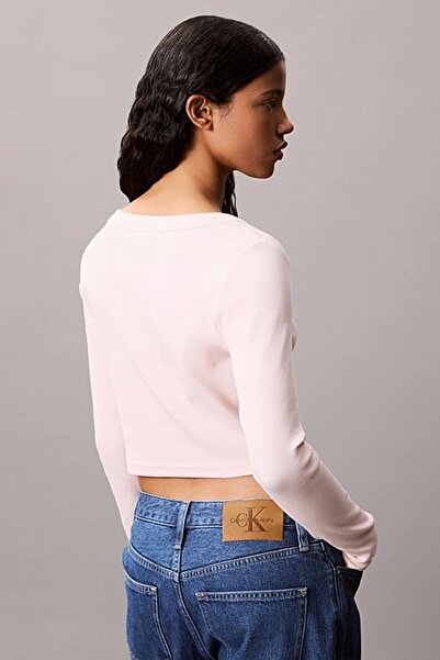 Calvin Klein Kadın Uzun Kollu Fitilli Cropped Triko Üst - Pembe