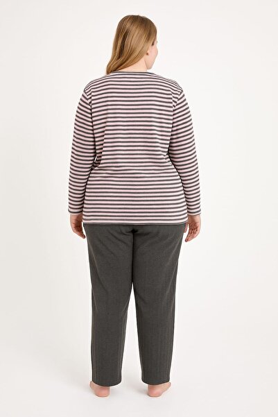 enmodaiçgiyim Смугастий 100% бавовняний комплект піжами для жінок великих розмірів з вишивкою та довгими рукавами – м'яка тканина для домашнього одягу