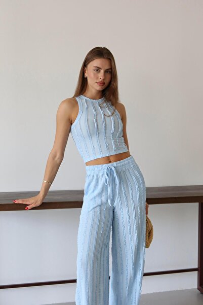 Jeevee Dalga Dokulu Askılı Crop ve Beli Bağcıklı Pantolon Takım