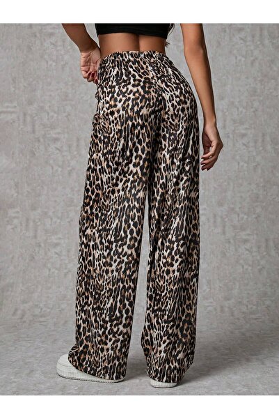 ZEYNEP RANA Kadın Leopar Desenli Bağlamalı Uzun Pantolon