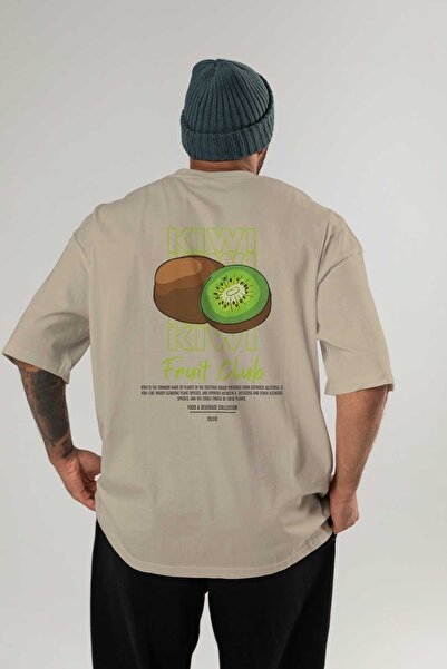 Ankhises Kiwi Back Printed Beige Oversize T-shirt Ανδρικό Γυναικείο Βαμβακερό μπλουζάκι με λαιμόκοψη
