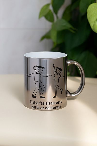 çokaş Pack of 3 Lettering Print Large Size Silver Tea Mug Cups