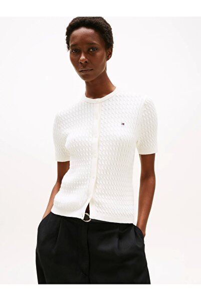 Tommy Hilfiger Women's Cotton Thin Knit Short Sleeve Crew Neck White Sweater Ww0Ww45707Ya8