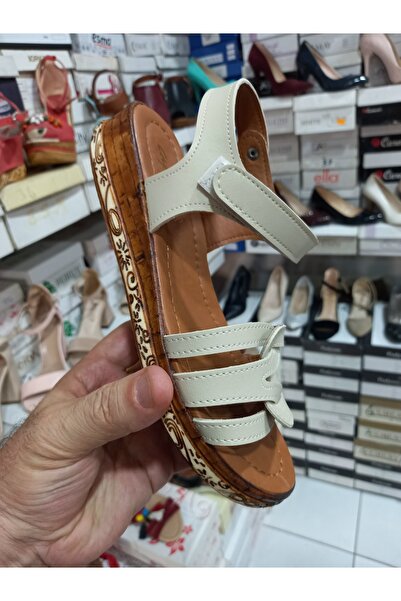 ClassyMen Ayaks Female Child Flat Thick Evening Pattern Poly Sole Cream Colored Velcro Strap Sandals