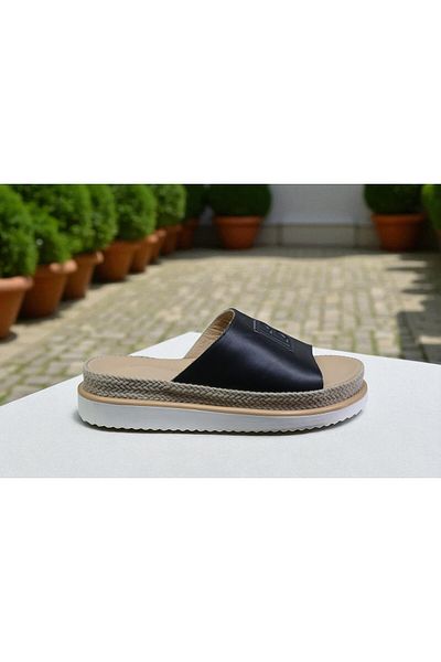 SOFT Women's Genuine Leather Black Color Eva Sole Orthopedic Daily Slippers