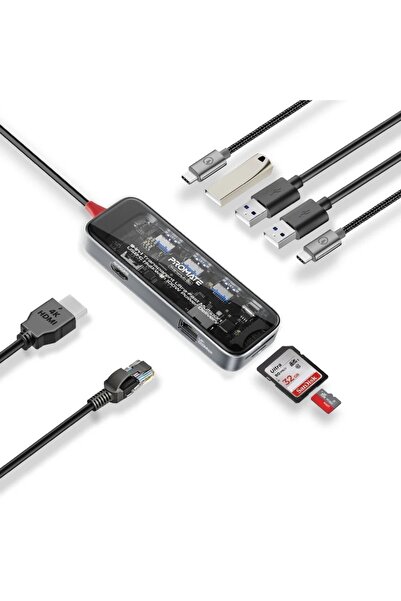 Promate موزع USB-C متعدد المنافذ فائق السرعة شفاف 9 في 1 مع توصيل طاقة 100 وات
