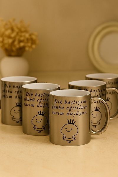çokaş Pack of 5 Writing Print Large Size Silver Tea Mug Cups