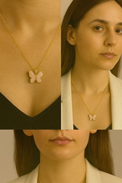 Karem Jewellery قلادة على شكل فراشة من الحجر الوردي للنساء