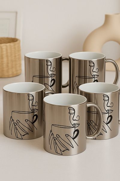 çokaş Pack of 5 Women's Printed Large Size Silver Mug