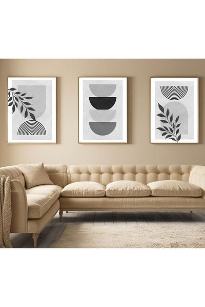 NT Handmade Natural Wood Framed Uv Print 3 Piece Black and White Bohemian Patterns Wall Painting – Modern & Stylish Decor