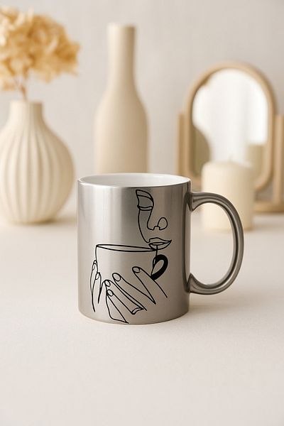 çokaş Women's Printed Large Size Silver Porcelain Mug