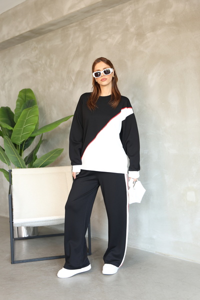 sportiness Garnished Piping Detailed Oversize Wide Leg Modal Fabric Tracksuit Set