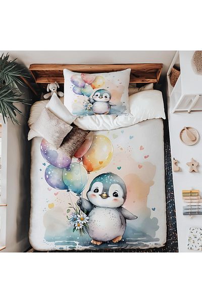 Şen Dekorasyon Balloon Penguin Baby Duvet Cover Set
