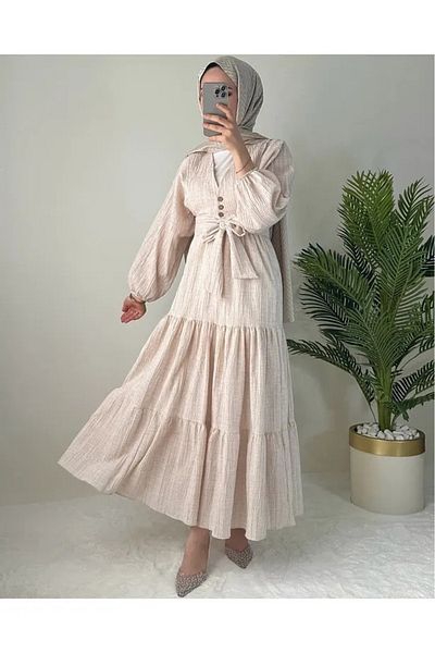 sportiness Button Detailed Balloon Sleeve Seersucker Linen Blouse Skirt Suit