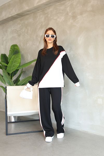 sportiness Garnished Piping Detailed Oversize Wide Leg Modal Fabric Tracksuit Set