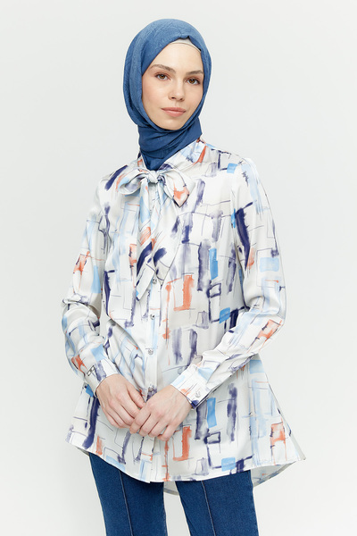 Setrms Fular Yakalı Desenli Şifon Gömlek