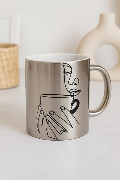 çokaş Women's Printed Large Size Silver Porcelain Mug