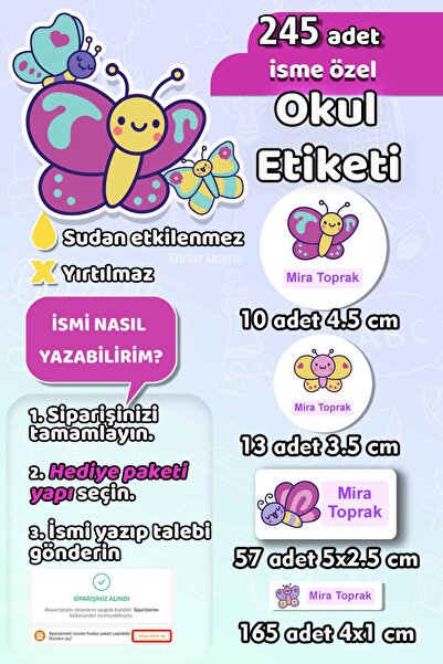 Sticker Ekspres Okul Etiketi Sevimli Kelebek Temalı Kalem Defter Etiketi Özel...