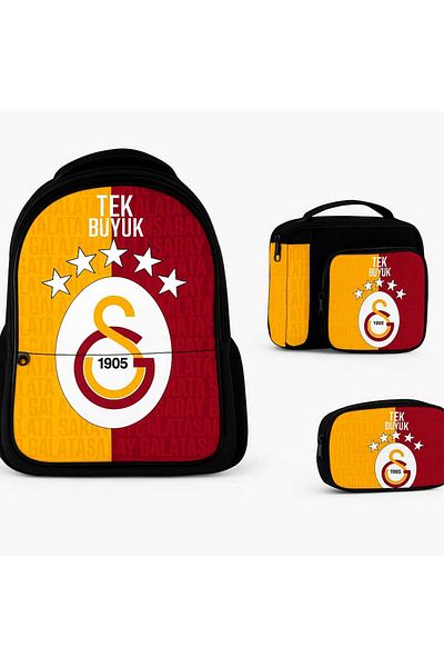 Galatasaray Five Star Licensed Multi-Compartment Zippered School Backpack Triple Set Bag Pen Holder and Nutrition