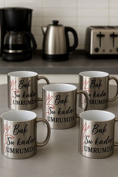 çokaş Pack of 5 Writing Print Large Size Silver Tea Mug Cups