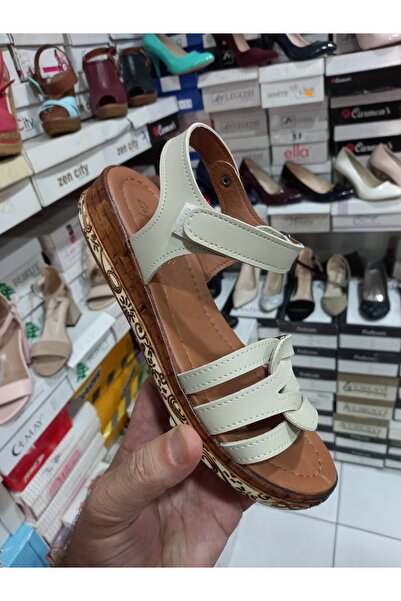 ClassyMen Ayaks Female Child Flat Thick Evening Pattern Poly Sole Cream Colored Velcro Strap Sandals