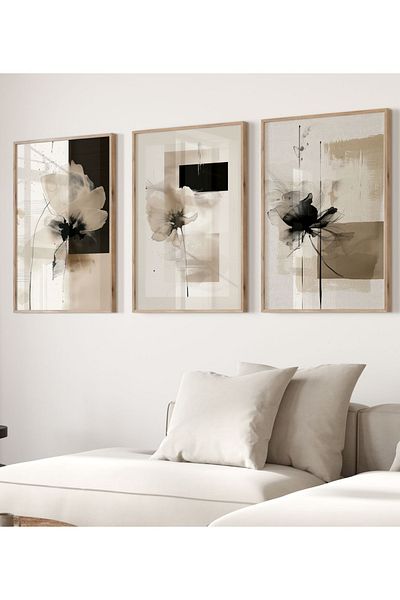 NT Handmade Uv Print of 3 Abstract Wall Paintings with Natural Wood Frame – Modern & Stylish Wall Decor