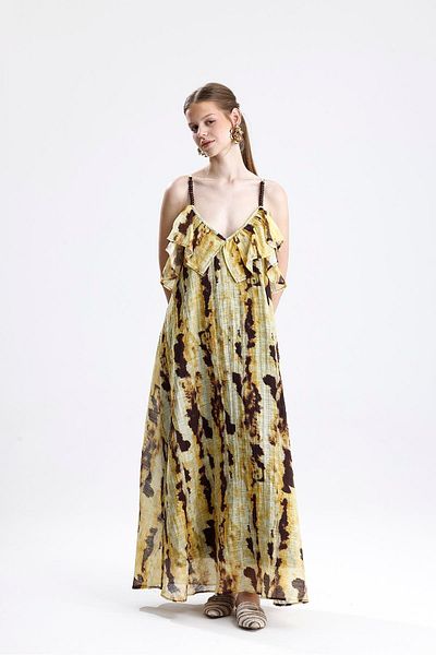 VAPUR TEKSTİL Rochie lungă cu model Tie-Dye și detaliu cu volane