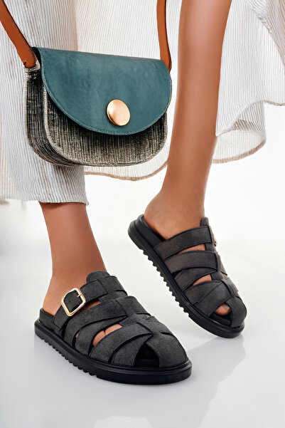 meyra'nın ayakkabıları Women's Gray Imported Buckle Detailed Slippers