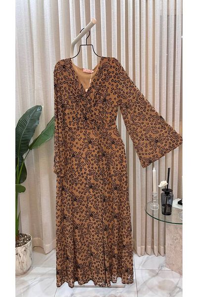 leevan fashion Brown floral maxi dress with long sleeves