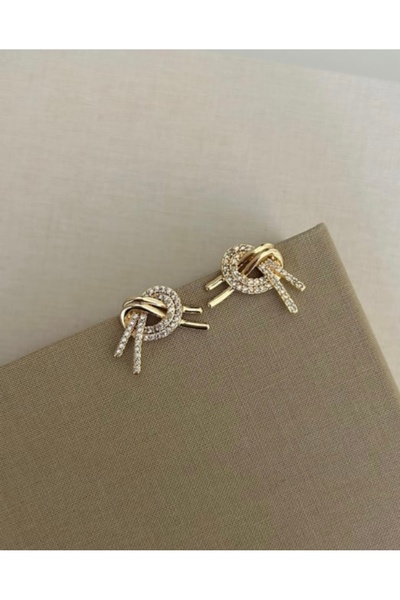 Taşlı düğüm çelik gold küpe