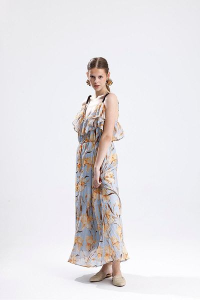 VAPUR TEKSTİL Rochie lungă cu model floral și detaliu cu volane