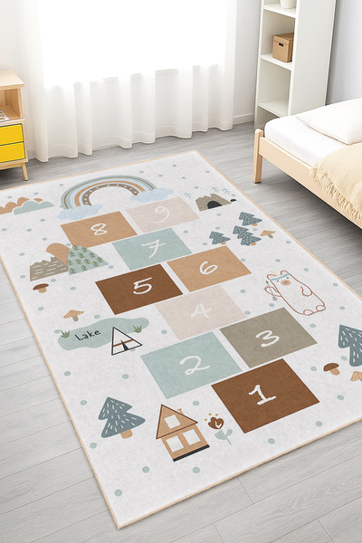 Home Renkli Dağ ve Göl Temalı Çocuk Odası Halısı - Yıkanabilir Kaymaz Taban