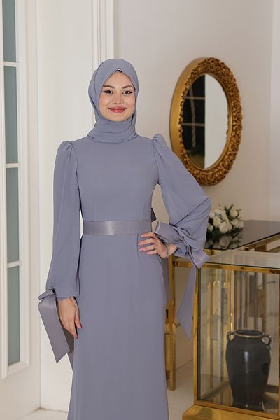 Modarafta Stylish Chiffon Belted (Removable) Hijab Evening Dress Turquoise