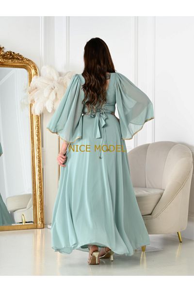 Nice Model Elegant Mint Green Chiffon Maxi Dress Long Sleeve Evening Gown with Bow Detail Plus Size