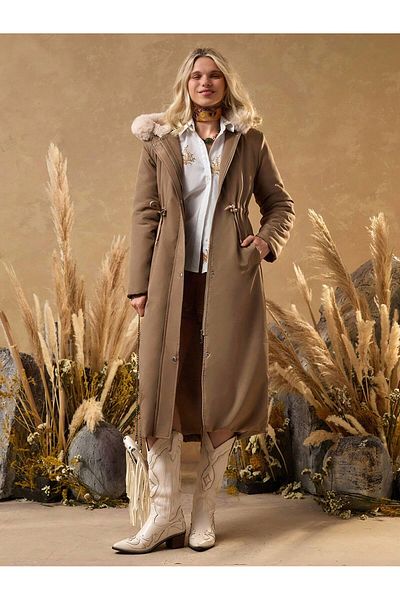 SERBA Memory Fabric Inside Plush Waist Drawstring Hooded Long Women's Coat