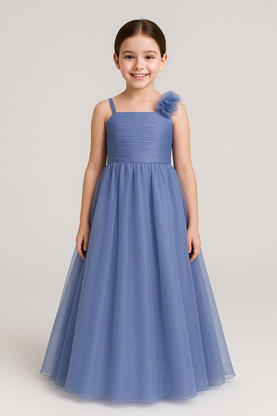 Magu Girls' Cotton Blue One Shoulder Flower Detail Evening Dress - Graduation & Special Occasion